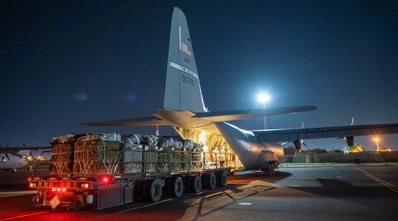 Over 38,000 meals destined for an airdrop over Gaza are loaded aboard a U.S. Air Force C-130J Super Hercules at an undisclosed location in Southwest Asia March 1, 2024. Photo Credit: DOD