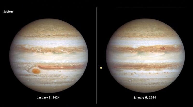 These images of the gas giant Jupiter were taken by NASA's Hubble Space Telescope in January 2024. CREDIT: NASA, ESA, STScI, Amy Simon (NASA-GSFC)