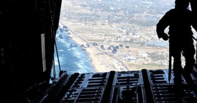 An Air Force loadmaster releases pallets of humanitarian assistance over Gaza, March 2, 2024. Photo Credit: DOD