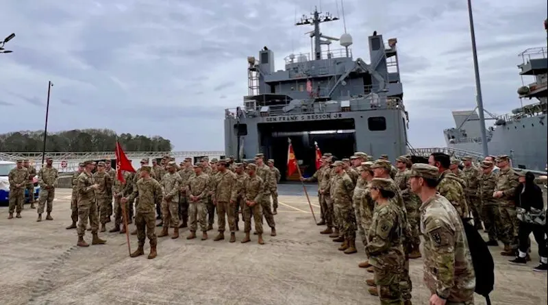 U.S. Army Vessel 'General Frank S. Besson' prepares to depart Joint Base Langley-Eustis, Virginia, March 9, 2024. Photo Credit U.S. Central Command (CENTCOM).