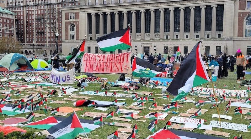 Scene of the Gaza Solidarity Encampment at Columbia University. Photo Credit: عباد ديرانية, Wikipedia Commons