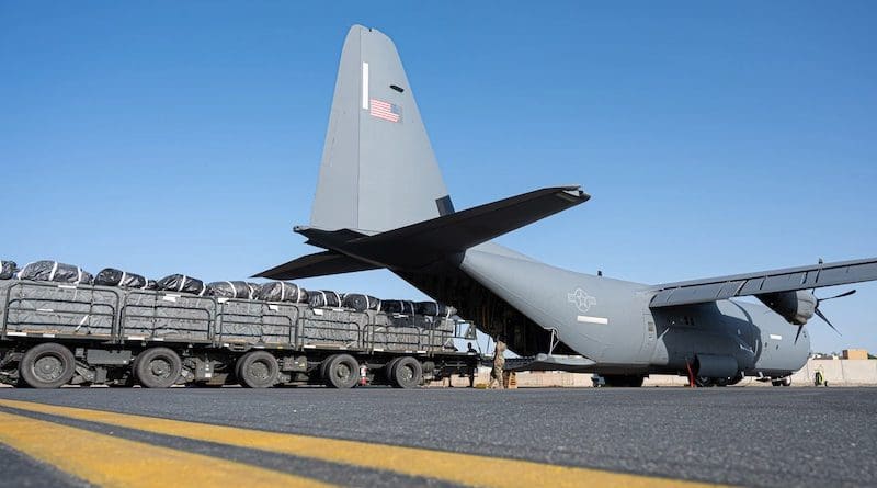 Bundles of humanitarian aid destined for Gaza are loaded onto an Air Force C-130J Super Hercules transport aircraft at an undisclosed location within U.S. Central Command's area of responsibility. Photo Credit: Air Force Senior Airman Simonne Barker