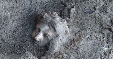 A face from history. A haunting sight at the archaeological site. The face of a statue of the god Dionysus as it’s painstakingly chipped away from and brushed free of millennia of built-up deposits. Photo Credit: ©2024 Institute for Advanced Global Studies CC-BY-ND