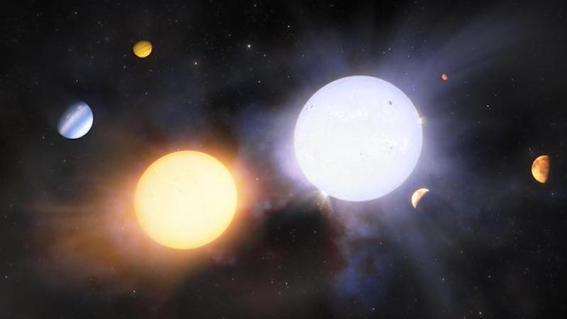 This artist’s impression illustrates a binary pair of giant stars. Despite being born from the same molecular cloud, astronomers often detect differences in binary stars’ chemical compositions and planetary systems. One star in this system is shown to host three small, rocky planets, while the other star hosts two gas giants. Using Gemini South’s GHOST, a team of astronomers have confirmed for the first time that these differences can be traced back to inhomogeneities in the primordial molecular cloud from which the stars were born. CREDIT: NOIRLab/NSF/AURA/J. da Silva (Spaceengine)/M. Zamani