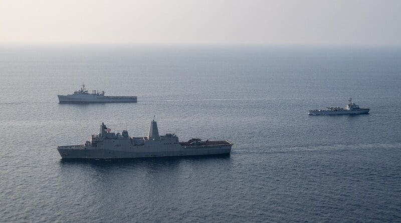 The amphibious transport dock ship USS Somerset, The Indian amphibious transport dock ship INS Jalashwa and the Indian tank landing ship INS Kesari steam in formation while underway in the Bay of Bengal, March 26, 2024. Photo Credit: Navy Petty Officer 2nd Class Evan Diaz