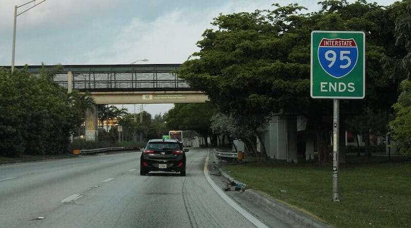 South end of Interstate 95 in Miami, at US Route 1. Photo Credit: formulanone, Wikipedia Commons