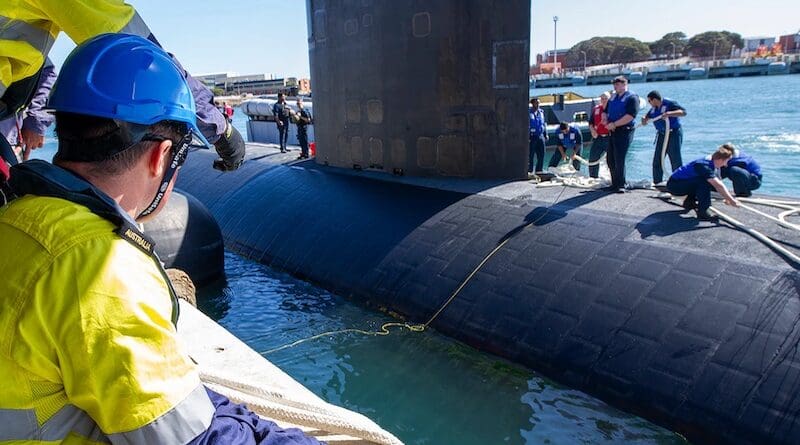 U.S. Navy sailors assigned to the USS Annapolis and Australian port services crew members prepare the USS Annapolis to moor alongside Diamantina Pier at Fleet Base West in Rockingham, Western Australia. Photo Credit: Navy Petty Officer 2nd Class Kaitlyn E. Eads