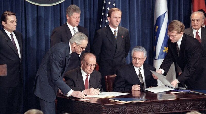 Bosnian President Alija Izetbegovic and Croatian President Franjo Tudjman sign the Croat-Muslim Federation Peace Agreement. Photo Credit: CIA, Wikipedia Commons