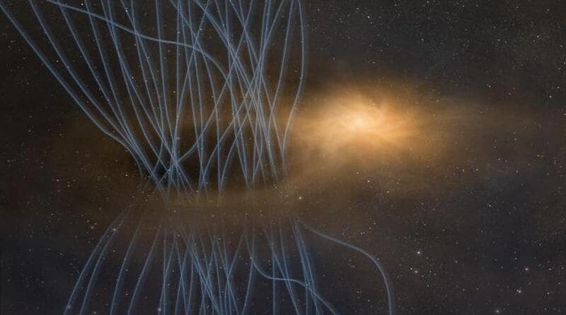 The baby star at the center surrounded by a bright disk called a protostellar disk. Spikes of magnetic flux, gas, and dust in blue. Researchers found that the protostellar disk will expel magnetic flux, gas, and dust—much like a sneeze—during a star's formation. CREDIT: ALMA (ESO/NAOJ/NRAO)