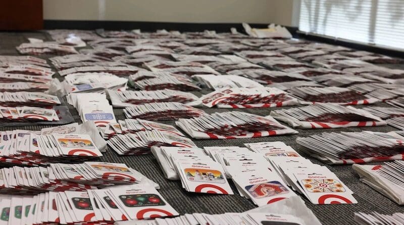 The Sacramento County sheriff in California recovered thousands of gift cards from a Chinese organized crime ring in December. Photo Credit: Sacramento County sheriff