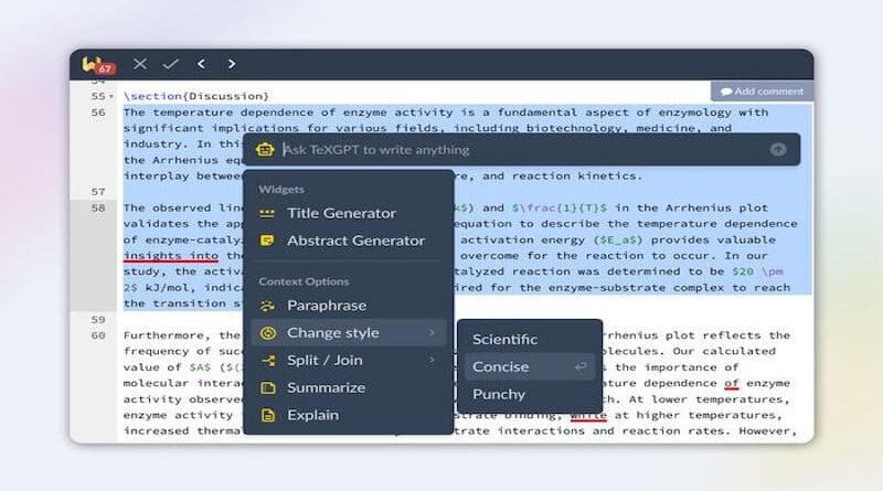 A sample of the AI context menu in Writefull for Overleaf. CREDIT: Writefull / Overleaf / Digital Science.