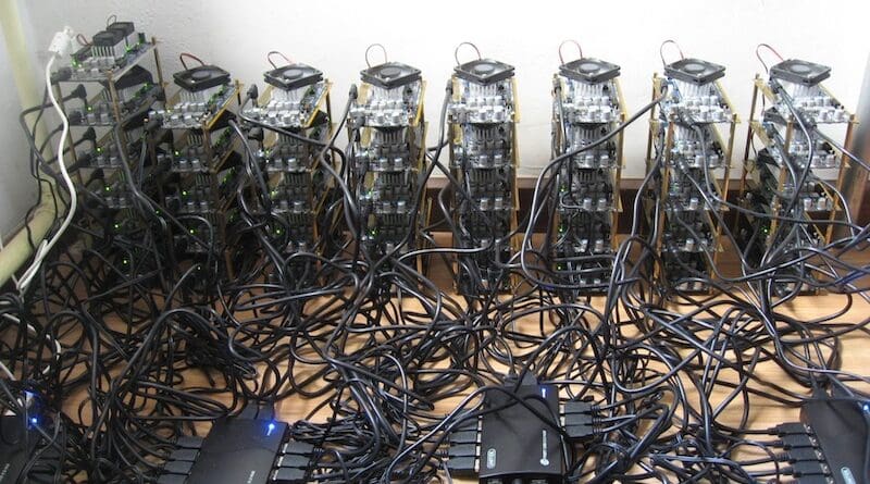 Icarus Bitcoin mining rig. Xiangfu, CC-BY-SA-4.0. 2012.