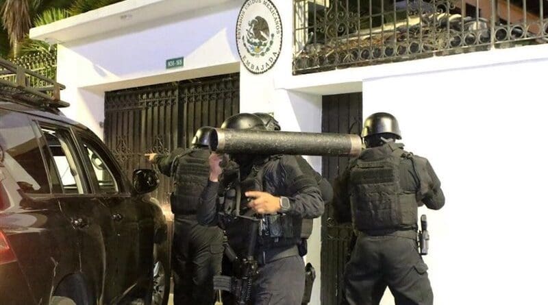 Ecuador’s security forces storme the Mexican embassy in Quito. Photo Credit: Tasnim News Agency