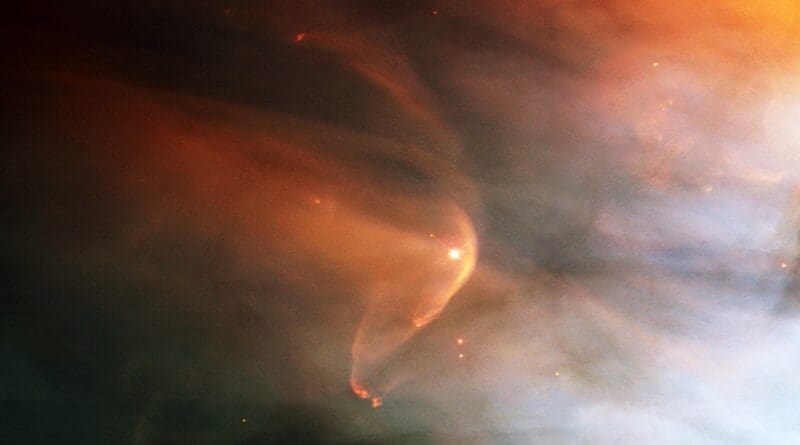 Infrared image of the shockwave (red arc) created by the massive giant star Zeta Ophiuchi in an interstellar dust cloud. The tenuous winds of sun-like main-sequence stars are much more difficult to observe C: NASA/JPL-Caltech; NASA and The Hubble Heritage Team (STScI/AURA); C. R. O'Dell, Vanderbilt University