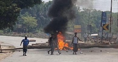 Demonstrators block a highway with tree stumps and by lighting fires to protest a mob last week beating to death two men in the central Faridpur district of Bangladesh, April 24. [BenarNews]