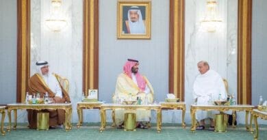 Saudi Crown Prince Mohammed bin Salman, Pakistan’s PM Shehbaz Sharif, and Bahrain’s Crown Prince Salman bin Hamad Al-Khalifa are pictured at the Al-Safa Palace in Makkah on Sunday. (SPA)