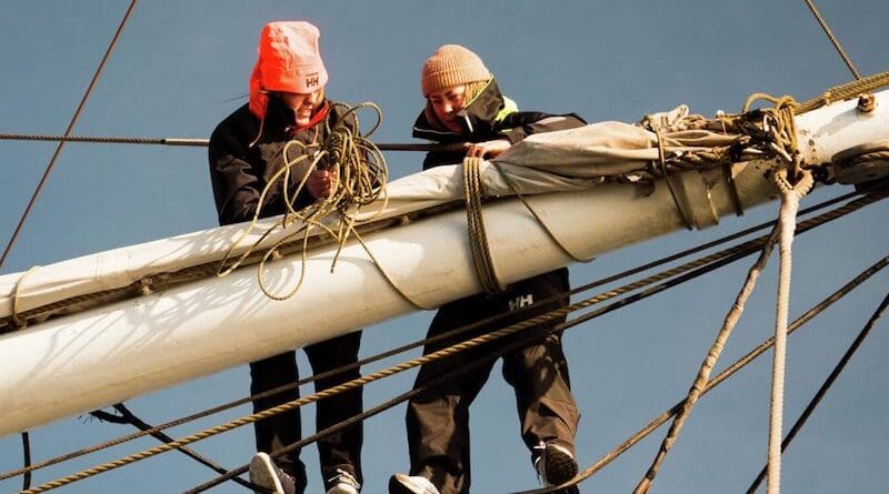 Two young people rig sails on the schooner Christian Radich. Together with 40 other young people, they learn new skills and to work together. They are part of a scheme for young people who are at risk of falling outside working life and education. Photo: Siri Elvsborg