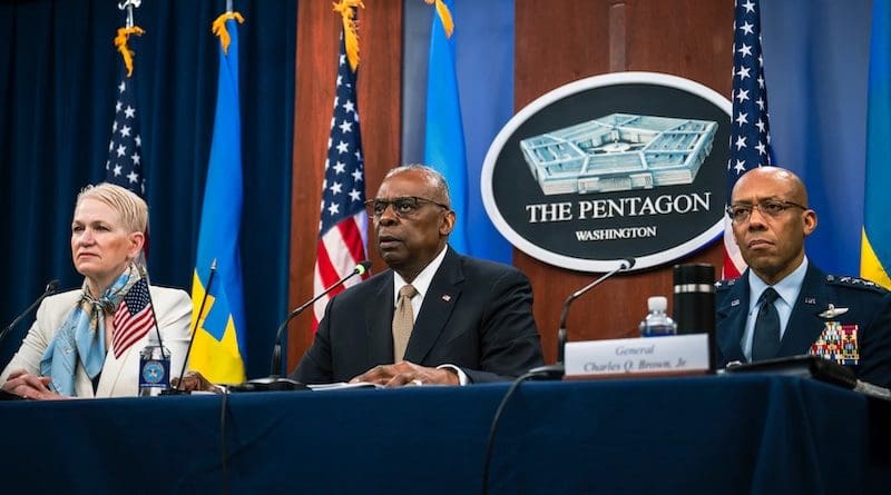 Secretary of Defense Lloyd J. Austin III, Air Force Gen. Charles Q. Brown Jr., chairman, Joint Chiefs of Staff and Celeste A. Wallander, Assistant Secretary of Defense for International Security Affairs host a virtual meeting of the Ukraine Defense Contact Group. Photo Credit: Chad J. McNeeley, DOD