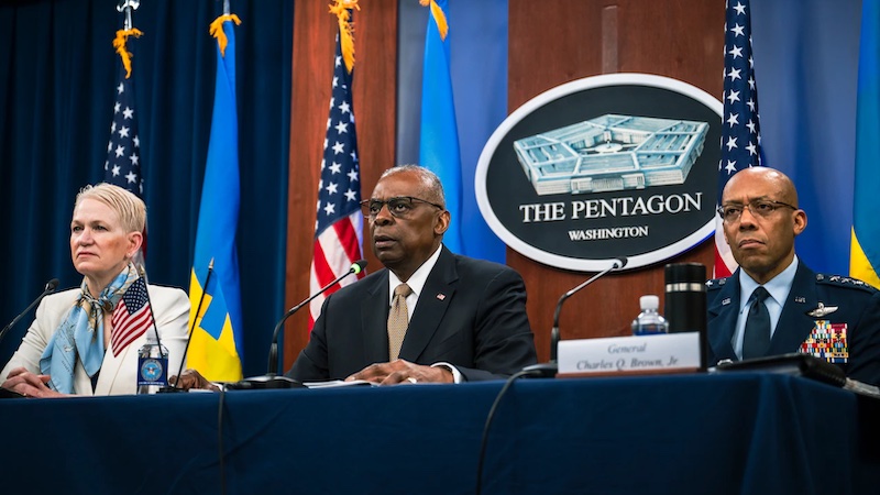 Secretary of Defense Lloyd J. Austin III, Air Force Gen. Charles Q. Brown Jr., chairman, Joint Chiefs of Staff and Celeste A. Wallander, Assistant Secretary of Defense for International Security Affairs host a virtual meeting of the Ukraine Defense Contact Group. Photo Credit: Chad J. McNeeley, DOD