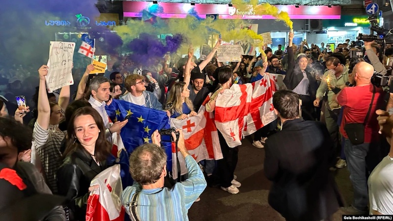 Georgians protest in Tbilisi on April 25 against the ruling party's proposed "foreign agents" law. Photo Credit: RFE/RL