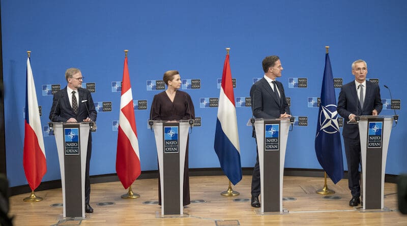 NATO Secretary General Jens Stoltenberg meets with the Prime Minister of Czechia, Petr Fiala, the Prime Minister of Denmark, Mette Frederiksen, and the Prime Minister of the Netherlands, Mark Rutte. Photo Credit: NATO