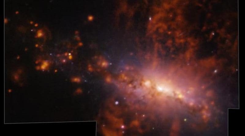 Galaxy NGC 4383 evolving strangely. Gas is flowing from its core at a rate of over 200 km/s. This mysterious gas eruption has a unique cause: star formation. CREDIT: ESO/A. Watts et al