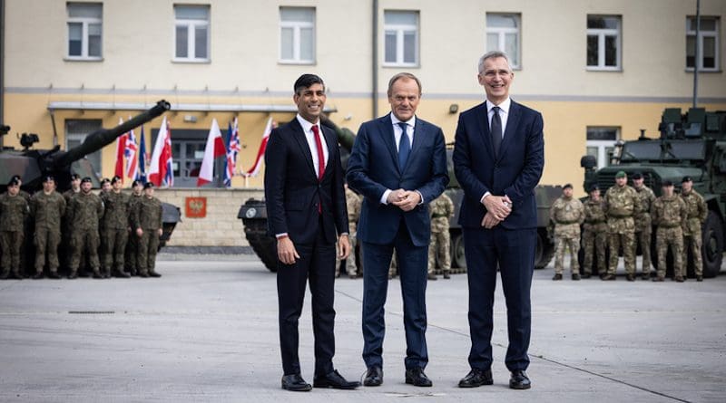 NATO Secretary General Jens Stoltenberg with the Prime Minister of Poland, Donald Tusk and the Prime Minister of the United Kingdom, Rishi Sunak. Photo Credit: NATO