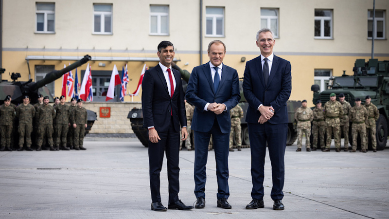 NATO Secretary General Jens Stoltenberg with the Prime Minister of Poland, Donald Tusk and the Prime Minister of the United Kingdom, Rishi Sunak. Photo Credit: NATO