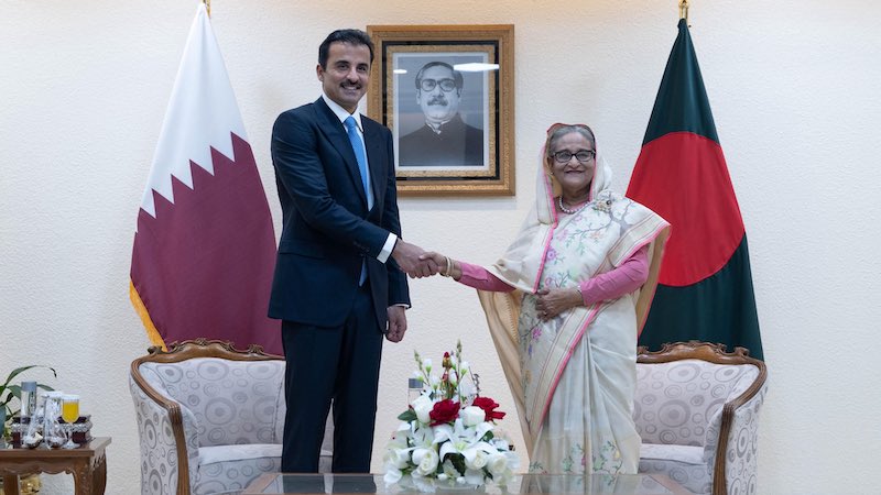 Qatar's Emir Sheikh Tamim bin Hamad Al Thani with Bangladesh's Prime Minister Sheikh Hasina. Photo Credit: @TamimBinHamad, X