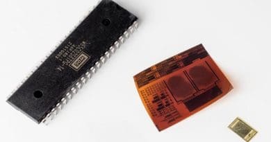 Three 6502 microprocessors, from left to right: Si CMOS 6502 chip, flex 6502 LTPS chip and flex 6502 IGZO chip CREDIT: © KU Leuven - imec
