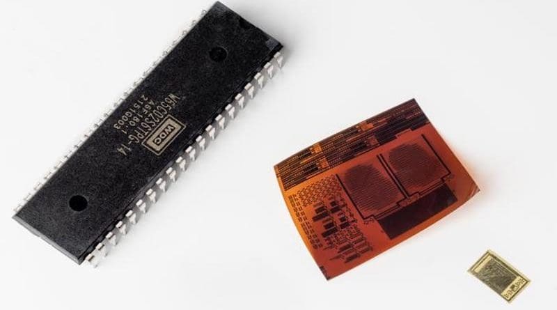 Three 6502 microprocessors, from left to right: Si CMOS 6502 chip, flex 6502 LTPS chip and flex 6502 IGZO chip CREDIT: © KU Leuven - imec