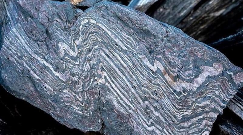 This photo shows an example of the 3.7 billion year-old banded iron formation found in the northeastern part of the Isua Supracrustal Belt. CREDIT: Claire Nichols