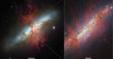 On the left is the starburst galaxy M82 as observed by NASA’s Hubble Space Telescope in 2006. The small box at the galaxy’s core corresponds to the area captured so far by the NIRCam (Near-Infrared Camera) instrument on NASA’s James Webb Space Telescope. The red filaments as seen by Webb are the polycyclic aromatic hydrocarbon emission, which traces the shape of the galactic wind. In the Hubble image, light at .814 microns is colored red, .658 microns is red-orange, .555 microns is green, and .435 microns is blue (filters F814W, F658N, F555W, and F435W, respectively). In the Webb image, light at 3.35 microns is colored red, 2.50 microns is green, and 1.64 microns is blue (filters F335M, F250M, and F164N, respectively). CREDIT: NASA, ESA, CSA, STScI, A. Bolatto (University of Maryland)
