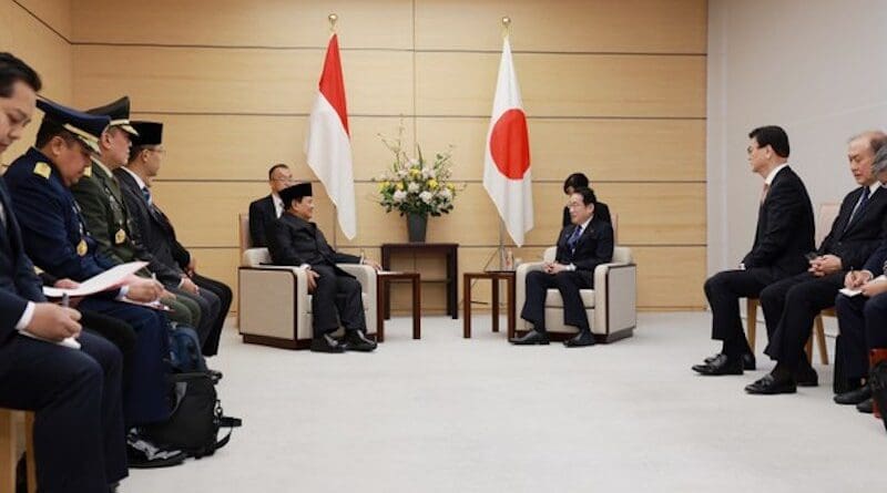 Japanese Prime Minister Fumio Kishida (center, right) hosts Indonesian President-elect Prabowo Subianto (center-left) at the Prime Minister’s Office in Tokyo, April 3, 2024. Photo Credit: Handout/Indonesia Ministry of Defense
