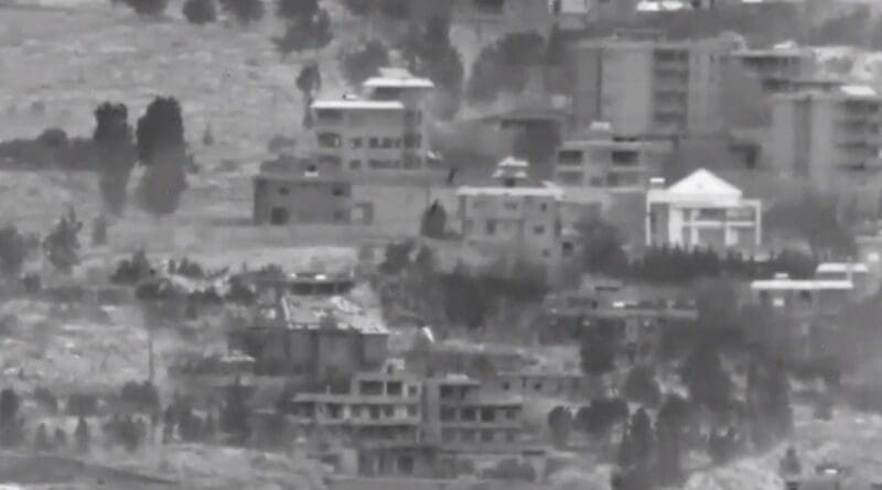 Screenshot from IDF video of the Lebanese village of Khiam, seconds before a Hezbollah sit in the village was hit by an airstrike. (Screenshot/IDF)