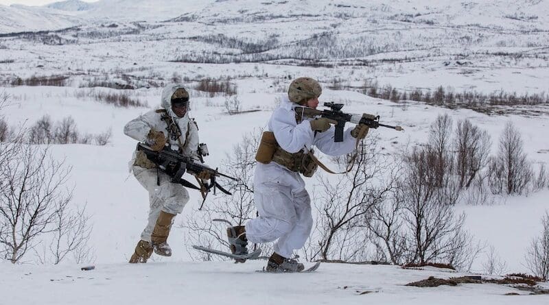 Soldiers of 1st Battalion, 501st Parachute Infantry Regiment, 2nd Infantry Brigade Combat Team (Airborne), 11th Airborne Division, move into position while practicing tactics during Exercise Arctic Shock 24 in Malselv, Norway. Photo Credit: DOD
