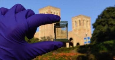 This experimental device uses a 2D semiconductor material developed by Xiangfeng Duan, UCLA professor of chemistry and biochemistry. CREDIT: Dehui Zhang