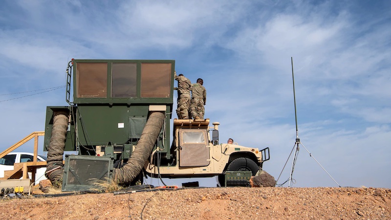 The 409th Air Expeditionary Group radar, airfield and weather systems team replaces windows in an MSN-7 mobile control tower at Air Base 201, Niger. Photo Credit: Air Force Tech. Sgt. Rose Gudex