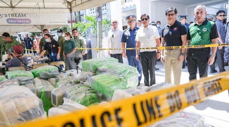 President Ferdinand Marcos Jr. inspects a massive drug haul April 16, 2024 in the town of Alitagtag, in Batangas province, just south of the Philippine capital. The drug haul of more than 2 tons of crystal meth has an estimated street value of some 13.3 billion pesos ($242.29 million). Photo Credit: HO/Presidential Communications Office