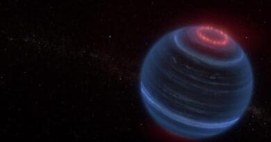 This artist concept portrays the brown dwarf W1935, which is located 47 light-years from Earth. Astronomers using NASA’s James Webb Space Telescope found infrared emission from methane coming from W1935. This is an unexpected discovery because the brown dwarf is cold and lacks a host star; therefore, there is no obvious source of energy to heat its upper atmosphere and make the methane glow. The team speculates that the methane emission may be due to processes generating aurorae, shown here in red. CREDIT: NASA, ESA, CSA, Leah Hustak (Space Telescope Science Institute)