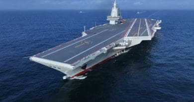 Undated aerial drone photo shows China's third aircraft carrier Fujian during its maiden sea trial. Photo Credit: China Military Online
