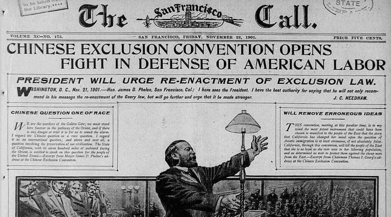 Front page of The San Francisco Call from November 20, 1901, discussing the Chinese Exclusion Convention. Photo Credit: The San Francisco Call - US Library of Congress, Wikipedia Commons