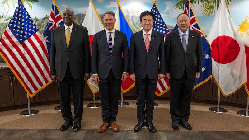 Left to right: Secretary of Defense Lloyd Austin III, Australian Deputy Prime Minister and Defense Minister Richard Marles, Japanese Defense Minister Kihara Minoru, and Secretary of National Defense of Philippines Gilbert Teodoro pose for a group photo at U.S. Indo-Pacific Command headquarters, Camp H.M. Smith, Hawaii, May 2, 2024. Photo Credit: Air Force Tech. Sgt. Jack Sanders, DOD