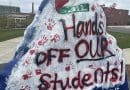 A painted rock at the University of Connecticut with pro-Palestinian messages in response to the arrest of student protesters. Photo Credit: RosaSeaOtter, Wikimedia Commons
