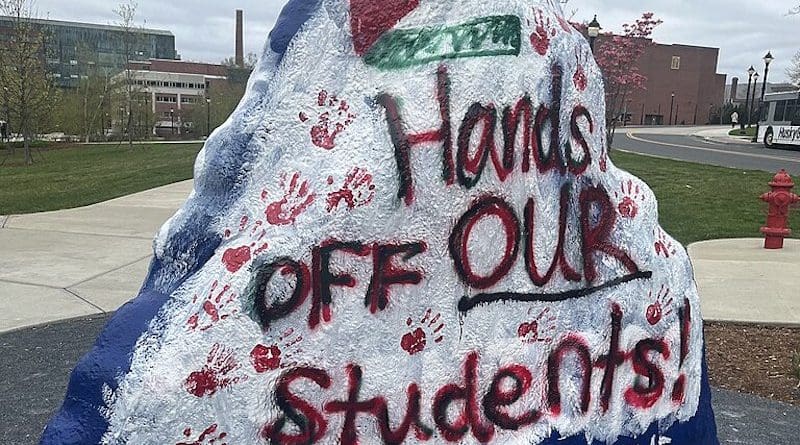 A painted rock at the University of Connecticut with pro-Palestinian messages in response to the arrest of student protesters. Photo Credit: RosaSeaOtter, Wikimedia Commons