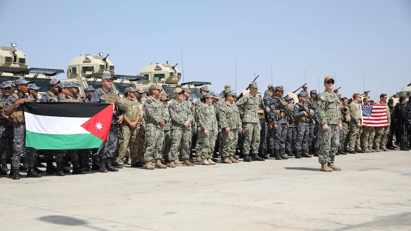 Members of the U.S. Navy and Royal Jordanian Navy stand in formation during the opening ceremony for Eager Lion 24 at Aqaba, Jordan, May 12, 2024. Photo Credit: U.S. Army Pfc. Abraham Gomez