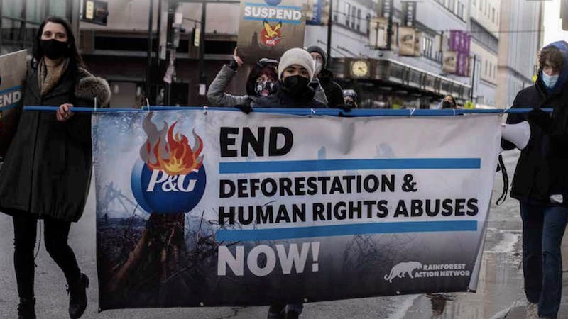 Activists protest P&G's role in deforestation and human rights abuses. (Photo credit: Rainforest Action Network)