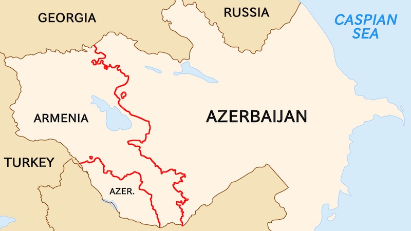 Map of the internationally recognised Azerbaijani-Armenian state border, marked in red. Credit: Wikipedia Commons