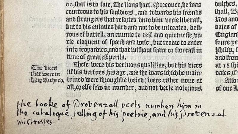 John Milton refers to ‘the booke of Provenzall poets’ discussing Richard the Lionheart's poetry and mistresses. CREDIT: By permission of the Phoenix Public Library