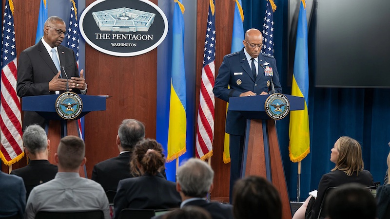 Secretary of Defense Lloyd J. Austin III and Joint Chiefs of Staff Chairman Air Force Gen. CQ Brown, Jr., conduct a briefing at the Pentagon. Photo Credit: Air Force Tech. Sgt. Jack Sanders, DOD